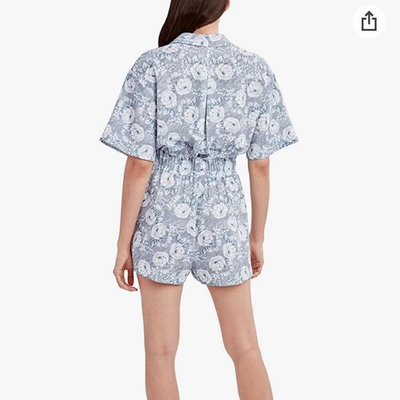 BCBGeneration Blue White Floral Stripe Short Sleeve Collar Button Down Romper L - Picture 4 of 10